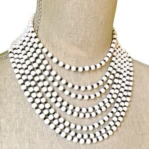 VTG Mid Century Black White Bib Necklace Molded Beads Hook Clasp 1950s 60s
